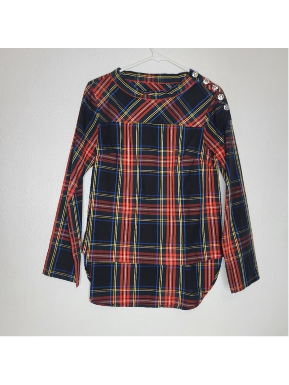 J. Crew Funnelneck Shirt in Stewart Tartan with Jeweled Buttons Women's Size 00 - Picture 4 of 12